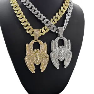 Spider Pendant & Full CZ Iced 14mm 18" 20" 24" Cuban Chain Hip Hop Necklace, 14K Gold & Silver Plated