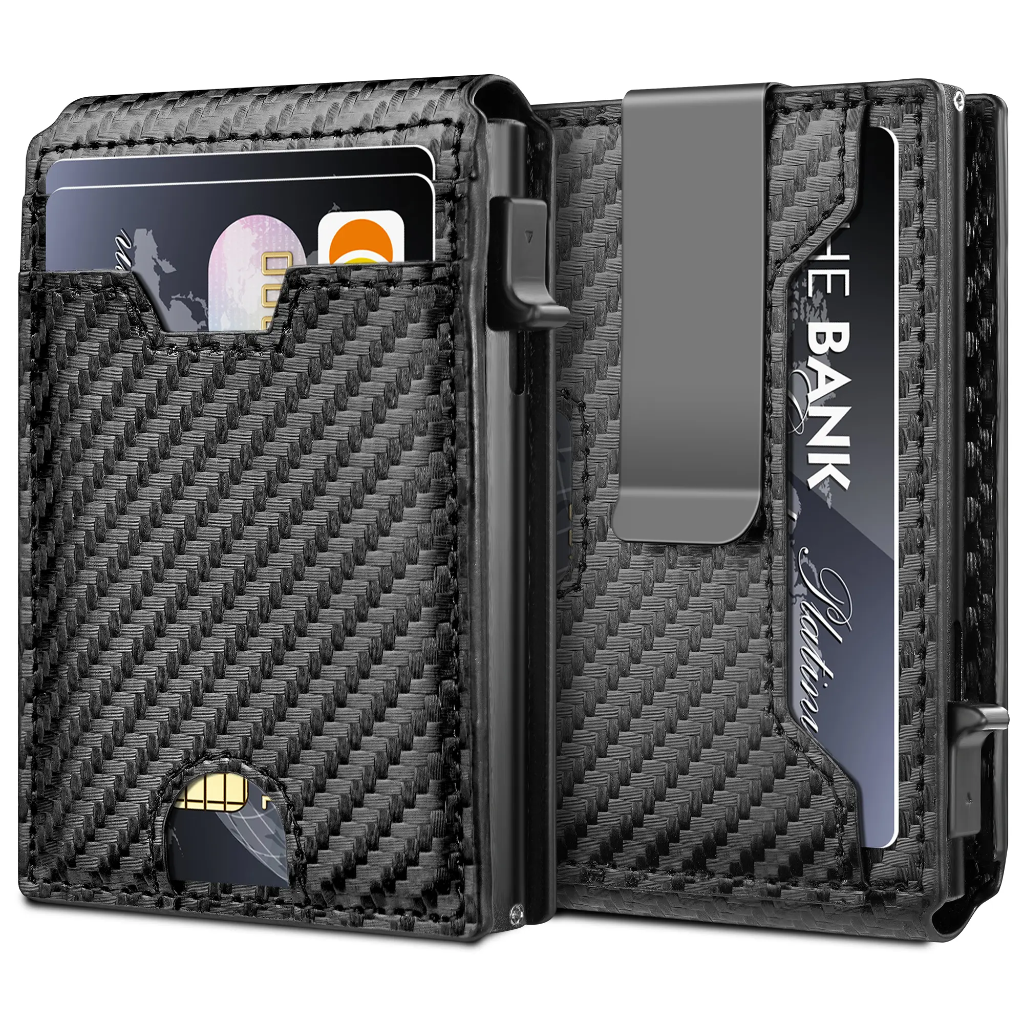 Minimalist Wallet for Men - with Money Clip Slim Leather Credit Card Holder RFID Blocking Bifold Carbon Fiber Wallet Pop Up Case