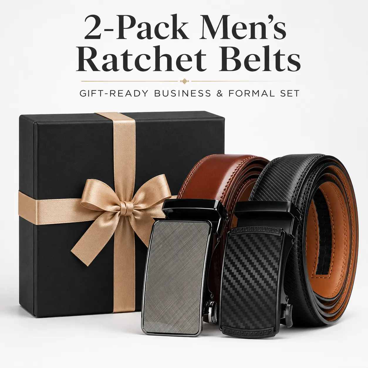 2 Pack Men's Leather Ratchet Belt Adjustable Automatic Alloy Buckle Simple Style Suitable for Leisure and Business Web Belt