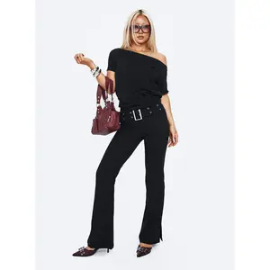 Kortnee Eyelet Detail Flare Leg Pants Black