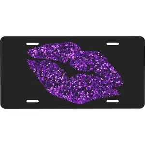 Glitter Purple Lips Front License Plate 6x12 – Sparkle Lip Print Aluminum Metal Car Vanity Tag Cover for Truck SUV with 4 Holes Gift for Women