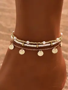 3-Piece Anklet Set for Women: Simple Gold-Tone Round Pendant, Tassel, and Beaded Design. Adjustable Vintage Gold-Tone Chain Anklet Set—Perfect Summer Beach Foot Jewelry for Daily Wear and Vacation Styling.