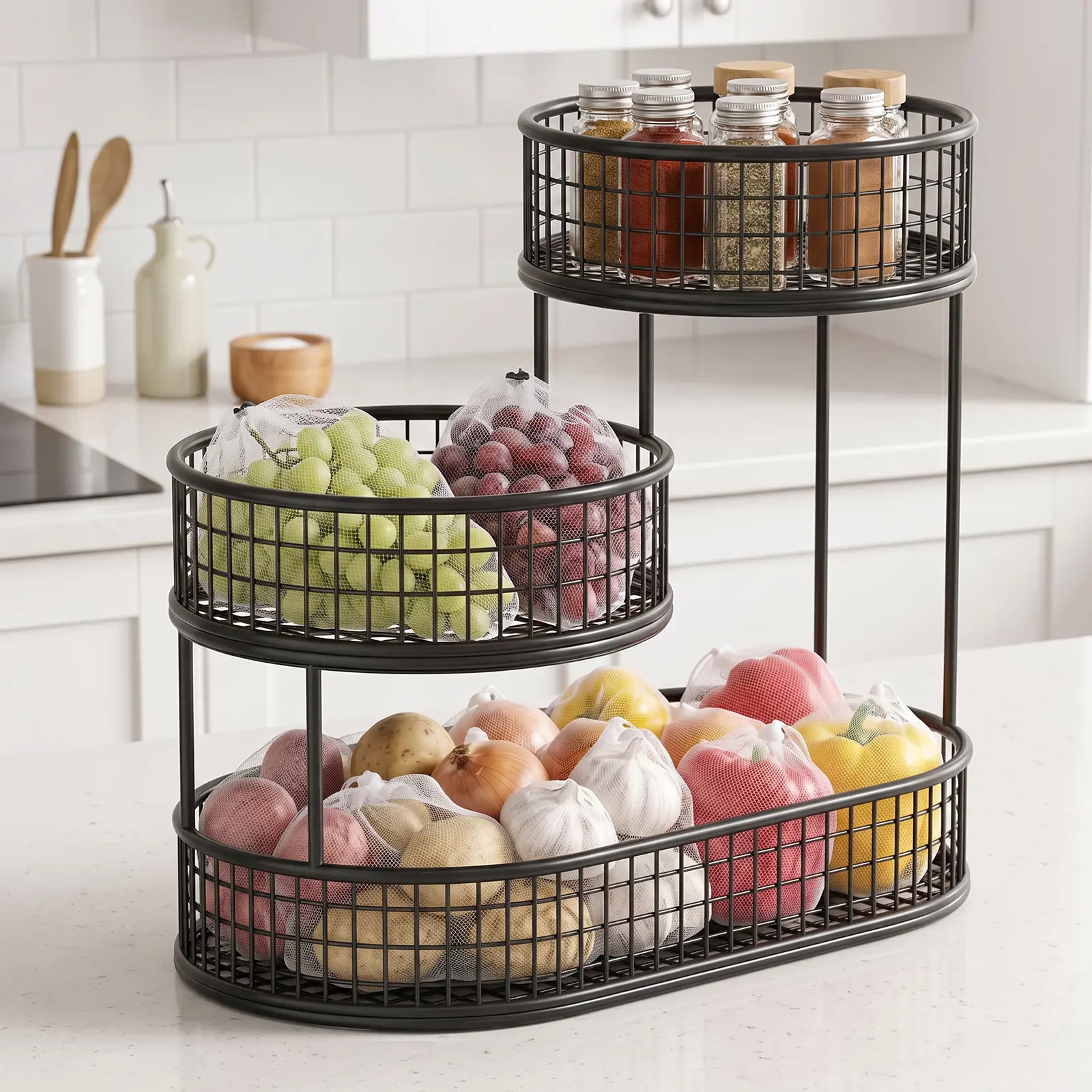 3-Tier Rust-Resistant Fruit Basket, Air-Circulating Kitchen Food Storage Container, Compact & Spacious for Kitchen, Living Room Use