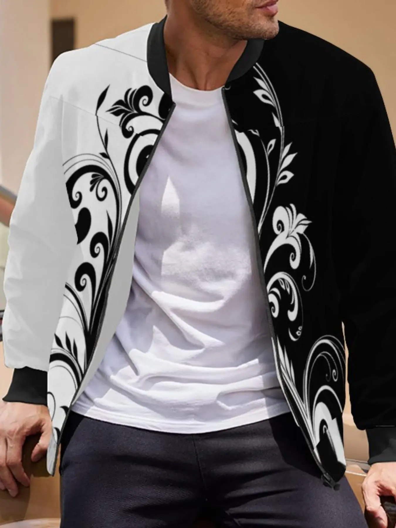 Men's Regular Fit Floral Print Pocket Zipper Bomber Jacket, Casual Long Sleeve Baseball Collar Outerwear for Fall & Winter, Men's Clothes for Daily Wear