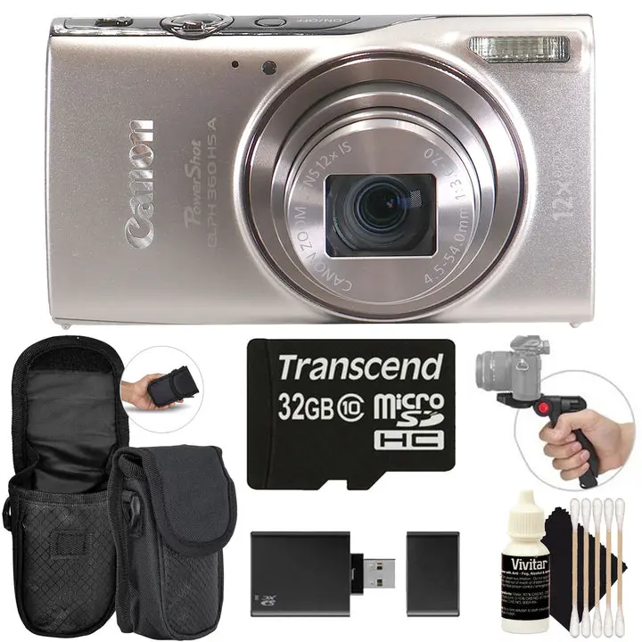 Canon PowerShot ELPH 360 HS A Digital Camera (Silver) + 32GB MicroSD Memory Card + Neoprene Compact Protective Carrying Case  + Vivitar Pistol Grip Tabletop Tripod + Memory Card Reader + Vivitar Three Piece Cleaning Kit