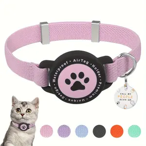 7.5-12.5 inches Polyester Pet Collar with AirTag Holder, Comfortable Elastic, QR ID Tag, Bells, and Stylish Solid Pattern, for Kittens & Small Dogs, Multiple Colors, Halloween, Trendy Cat Accessory