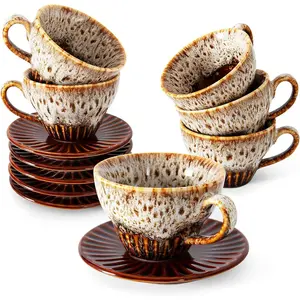 2 oz Espresso Cups Set of 6, Ceramic Cappuccino Cups with Saucers, Stackable Coffee Cup for Macchiato, Single shot, Tea, Coffee Lover Gifts, Glazed White