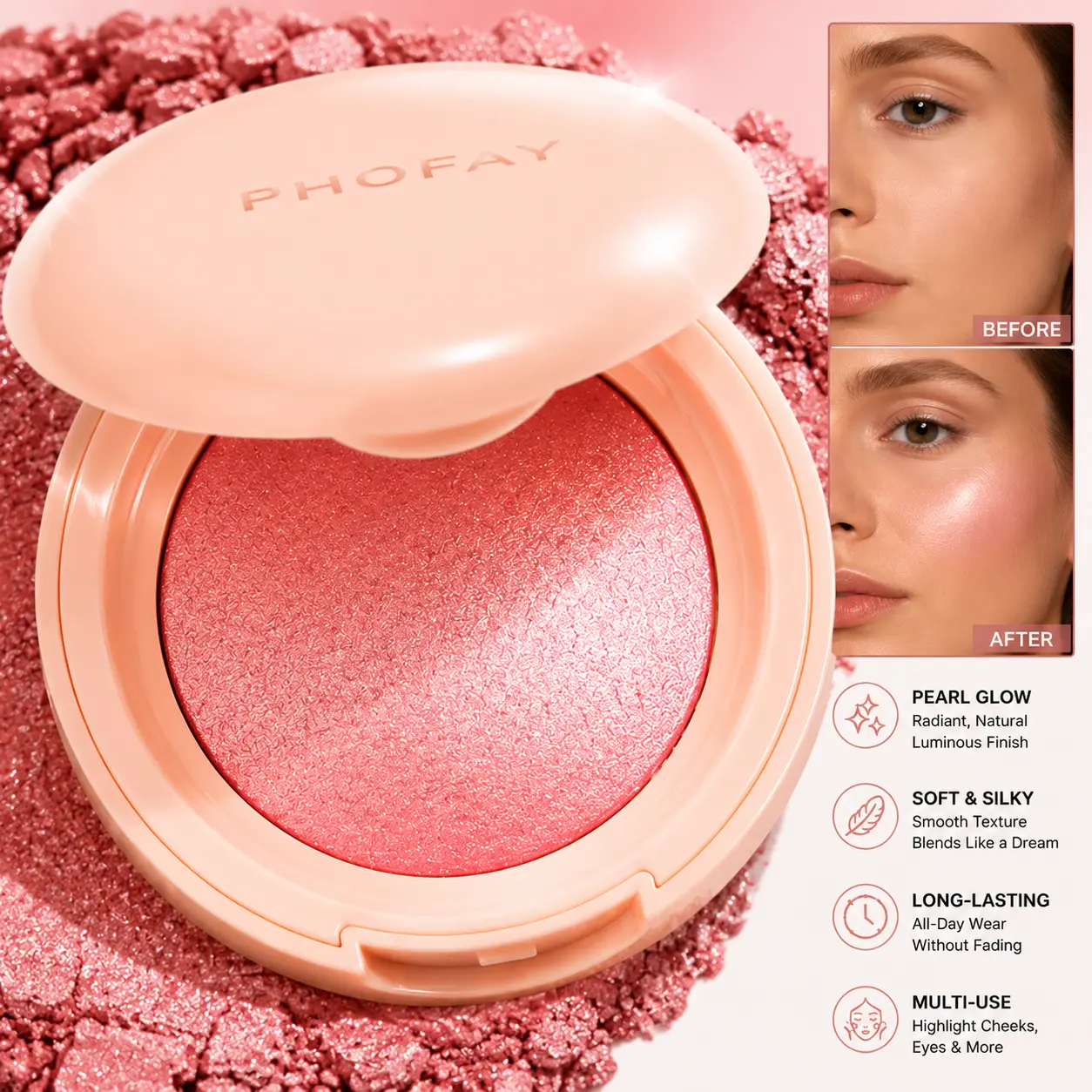 PHOFAY Pearl Glow Highlighter Powder, Shimmering Face & Body Illuminator with Silky Blend Texture, Long-Lasting Radiant Glow Makeup for Cheeks, Eyes & More