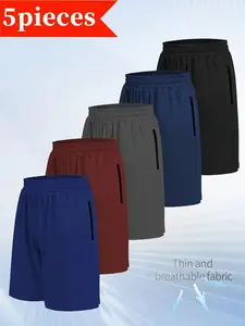 5 PIECE MEN'S QUICK DRY SPORTS SHORTS WITH ELASTIC DRAWL WAIST AND ZIP POCKETS - Moisture wicking stretch fabric in 5 solid colours suitable for the gym, outdoor training and summer casual wear, plain sportswear | Durable Sportswear,Outdoorfun