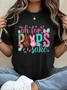 Easter Bunny Print Short Sleeve T-Shirt, Fun Oh for Peeps Sake Pattern, Spring Colorful Egg Casual Round Neck Drop Shoulder Sleeves