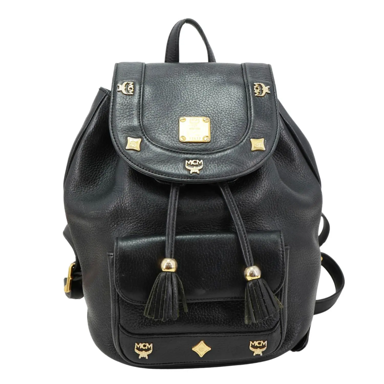 Pre-owned MCM Leather Backpacks Logo Vintage Drawstring Backpack Black