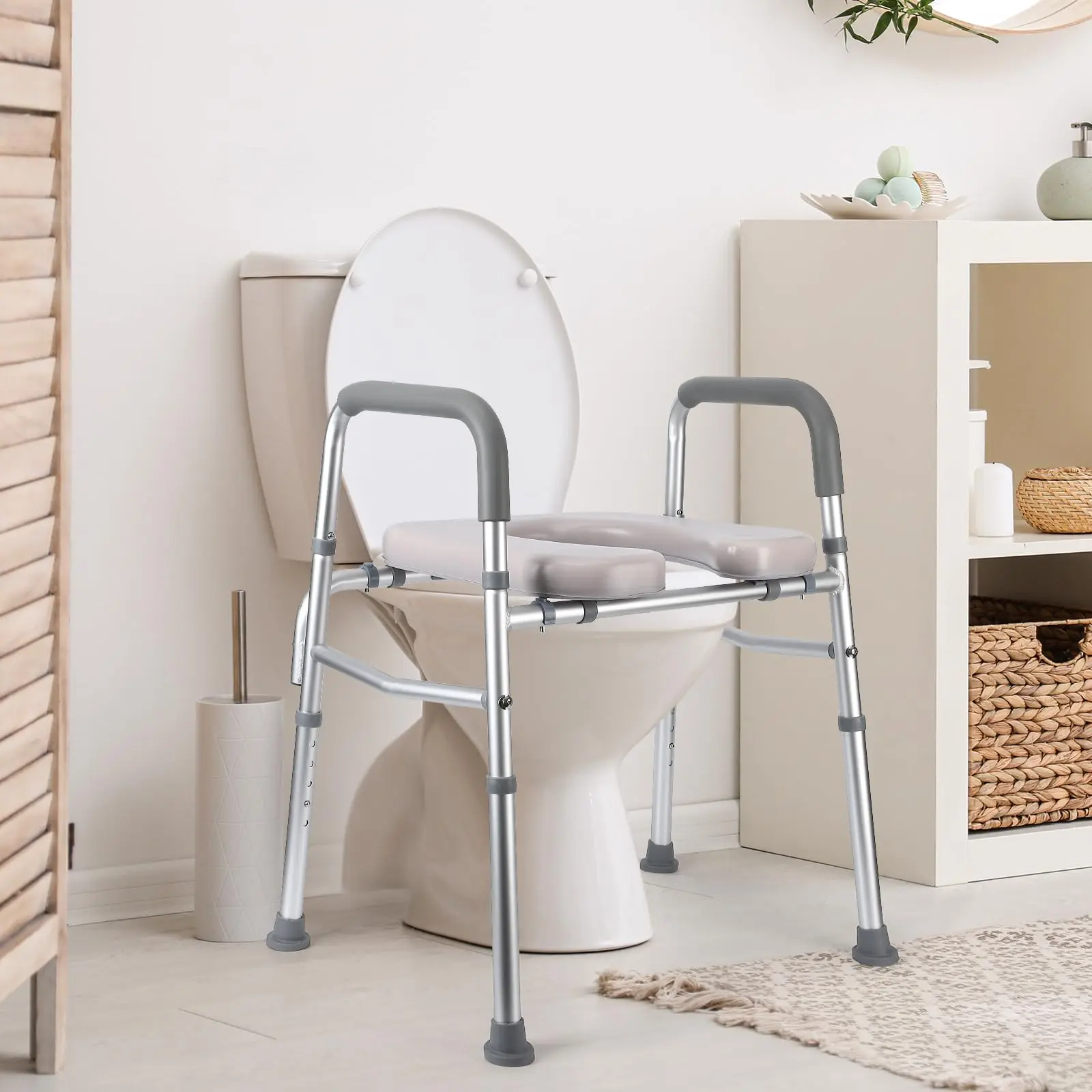 Raised Toilet Seat for 350LB，Bathroom Assist Frame for Elderly Stand Alone Homecare Commode, Handicapped, Disabled, Adjustable Height, Padded Seat