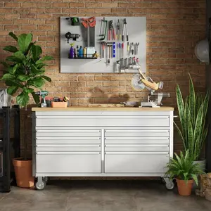 61 Inch Heavy Duty Rolling Tool Chest & Mobile Workbench - 15 Drawers, Sturdy Rubber Wood Top, Lockable Wheels, Power Outlets, USB Ports, Drawer Liners - Garage, Workshop, Warehouse Storage Organizer