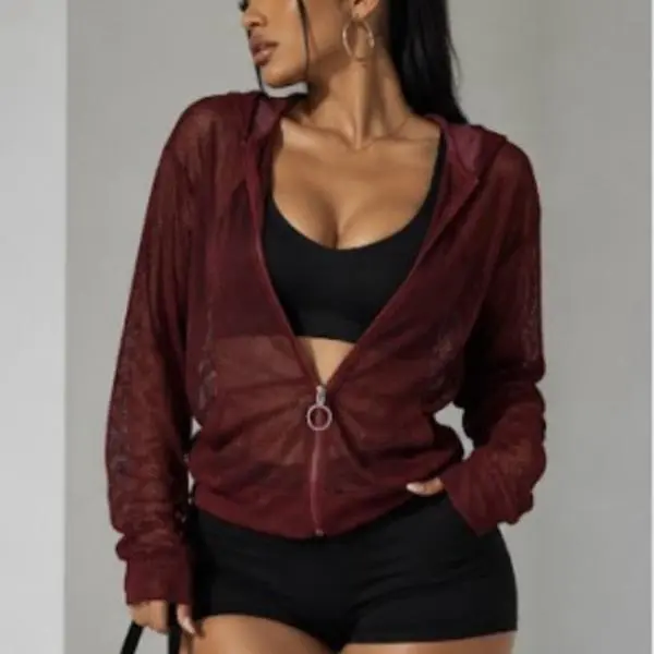 Nola Jacket - Lightweight sheer mesh fabric Zip-up front closure Attached hood detail Relaxed comfy fit Breathable layering piece Stretchy lightweight feel