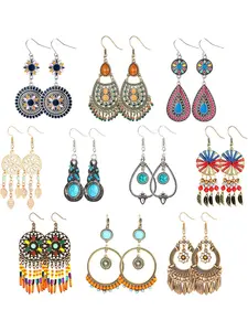 10 Pairs Bohemian Dangle Earrings Set for Women Vintage Statement National Drop Earrings Long Boho Hollow Leaf Piercing Jewelry Colorful Boho Style Jewelry Trendy Fashionable Accessories Casual Trendy Jewelry