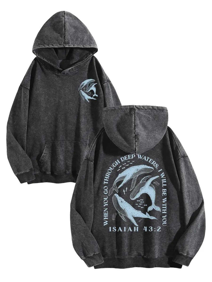 Harleyland 2026 Women's Vintage Isaiah 43:2 Whale Print Acid Wash Cotton Hoodie Sweatshirt - Oversized Loose-Fit, Comfortable Longsleeves Tops, Winter Warm Streetwear Casual Pullover, Polyester, Hoodies For Women