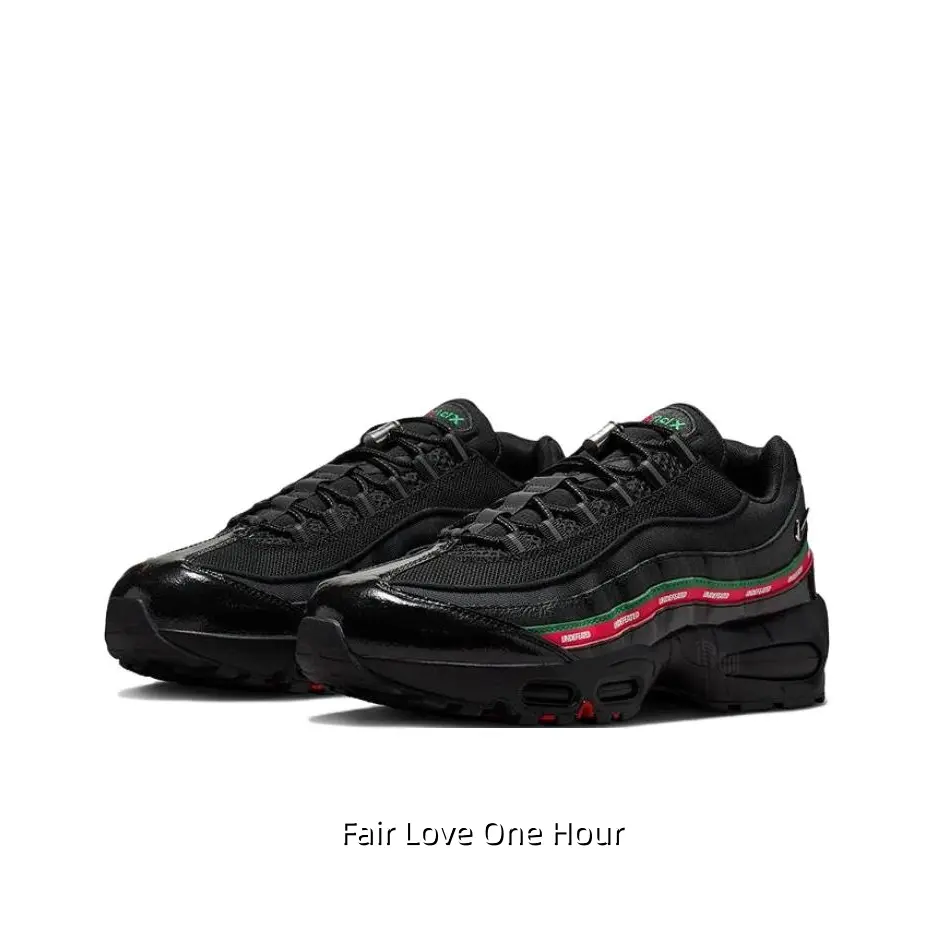 Dark Solid Black Breathable Mesh Low Top Running Sneakers Standout Red Green Contrast Striped Side Mark Full Black Visible Air Cushion Sole Ultra Lightweight All Season Retro Urban Functional Athletic Trainers