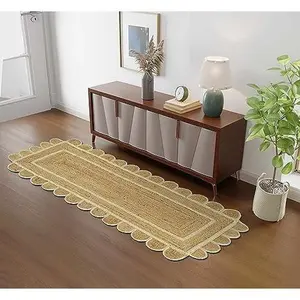 Scalloped Jute Area Rug 2'6"x4'ft  Base  Trim Handwoven Runner Reversible Soft Braided Farmhouse Jute Runner Rug Indoor EcoFriendly Livingroom Bedroom Kitchen Hallways Enterways
