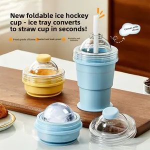 Portable Foldable Ice Ball Cup Silicone Food Grade Ice Maker With Straw Summer Outdoor Travel Mug