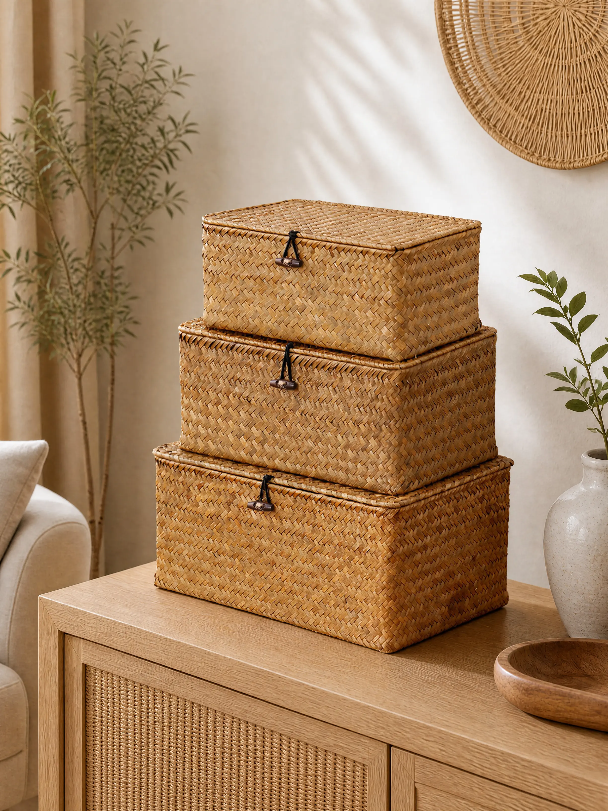 NONAM Handwoven Natural Seagrass Storage Baskets with Lids, Set of 3 Rectangular Nesting Storage Bins for Shelves, Closet, Bedroom, Bathroom and Living Room, Boho Farmhouse Home Organizer