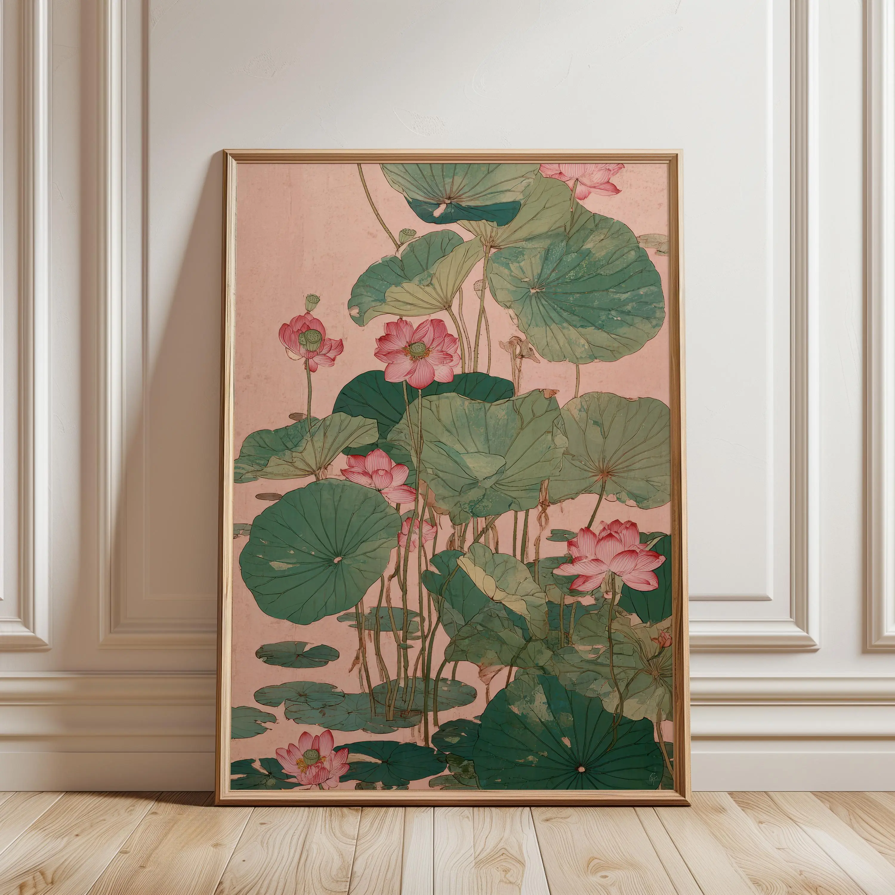 [UNFRAMED] Japanese Lotus Botanical Print, Asian Nature Pink Floral Wall Art, Zen Vintage Ukiyoe Poster