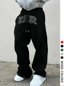 Men's Casual Loose-Fit Long Pants, Letter Print Drawstring Wide Leg Sweatpants, All-Season Comfortable Men's Clothing, Breathable Pants