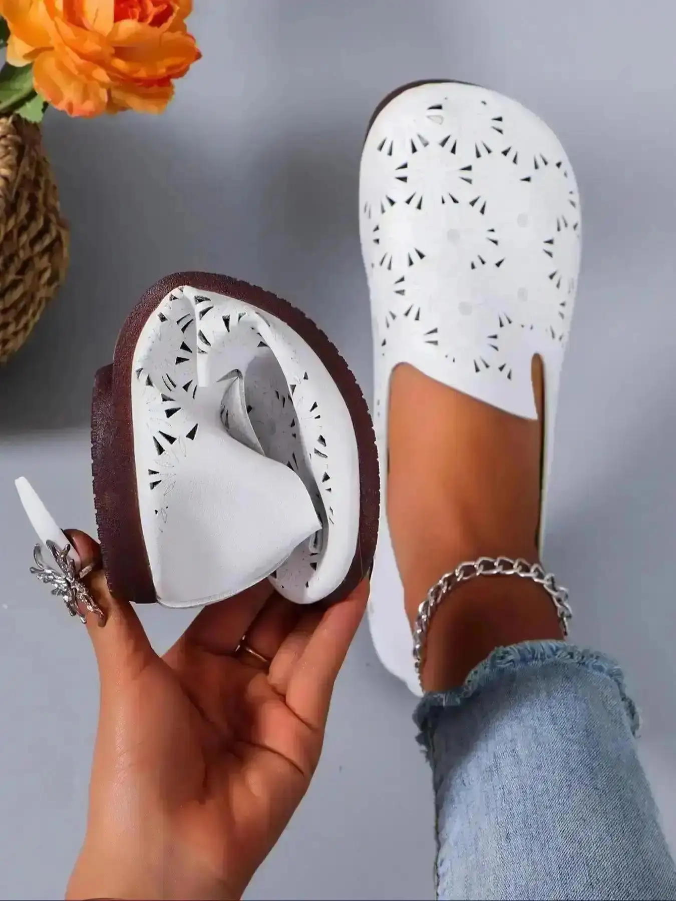 Women's Hollow-Out Rubber Slip-On Flats - Daily, Comfy, Airy, Light Spring Footwear for Daily Wear, Multi Purpose, Round, Summer, Stretch, Foldable, Travel, Padded, Lifestyle, Easy On Sleek Heels Practical Everyday Pair