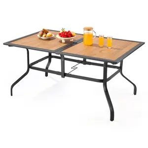 Outdoor Patio Dining Table 59-Inch Long Rectangular Wood-Look Steel Slat Backyard Bistro Table For 4-6 People With 1.5-Inch Umbrella Hole, All-Weather, Weather-Resistant, Rust-Resistant Large Garden Lawn Porch Balcony Brown