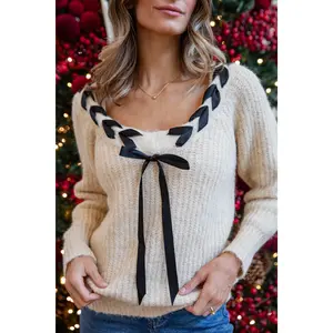 FINAL SALE - Warm Ember Braided Ribbon Tie Oatmeal Sweater