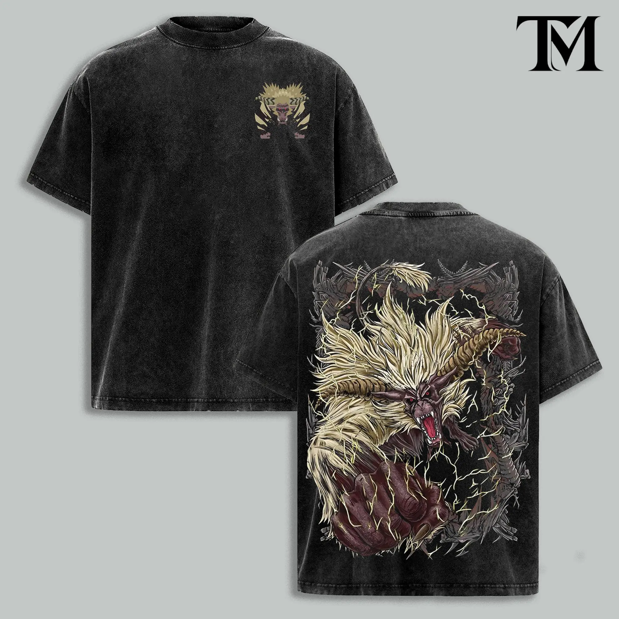 Women's Monster Hunter Gore Magala Seamless Short-Sleeve T-Shirt, Vintage Washed Oversized Purple Neon Graphic Tee, Faded Grunge Streetwear Day Outfits with Quality Fabric