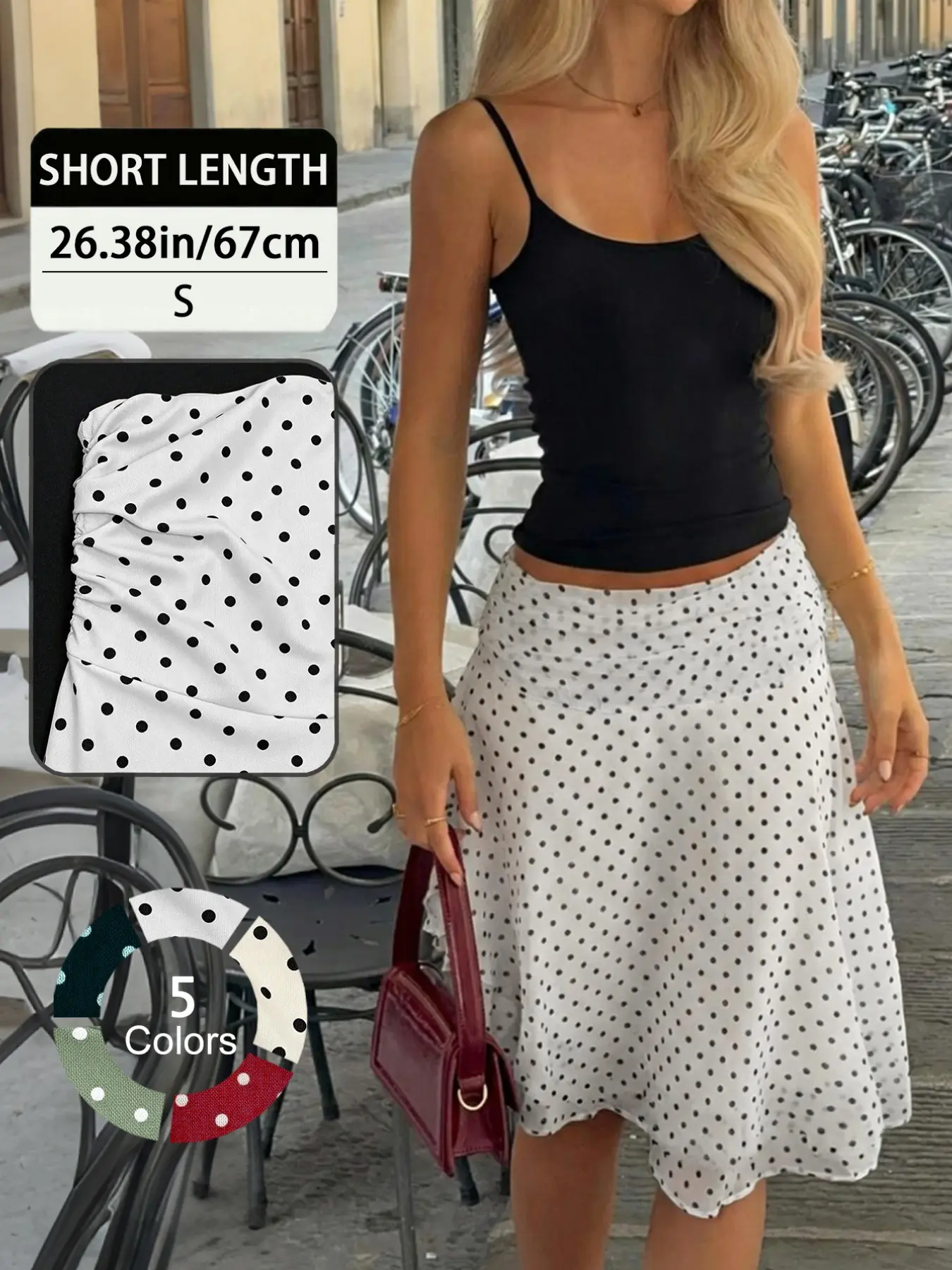 Elegant French-Style Chic Summer Casual Polka Dot Pattern Skirt, Lightweight Drapey Fabric with Ruched Waist and Folded Hem, Women's Fashion Bottoms, Womenswear