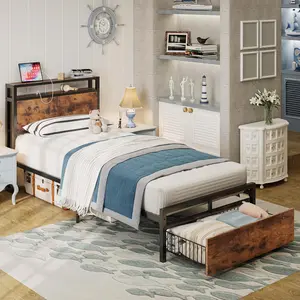 LIKIMIO Twin/Twin XL Bed Frames with Drawer, Storage Headboard with Outlets, No Box Spring Needed, Easy Assembly