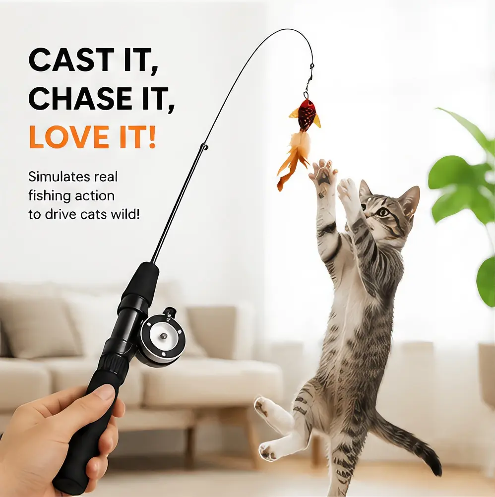 Interactive Cat Fishing Pole Toy - Simulates Real Fishing Action, Encourages Casting & Chasing, Ideal for Indoor Cat Play