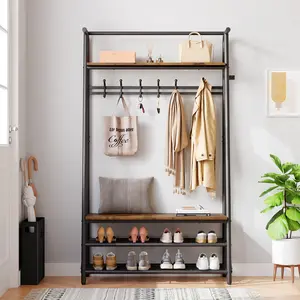【GARVEE】4-in-1 Coat Rack with Shoe Rack, 3 Shelves, and 5 C-Hooks, Independent Metal Frame for Entryway, Living Room, Hallway, 64 x 44.5 x 180 cm