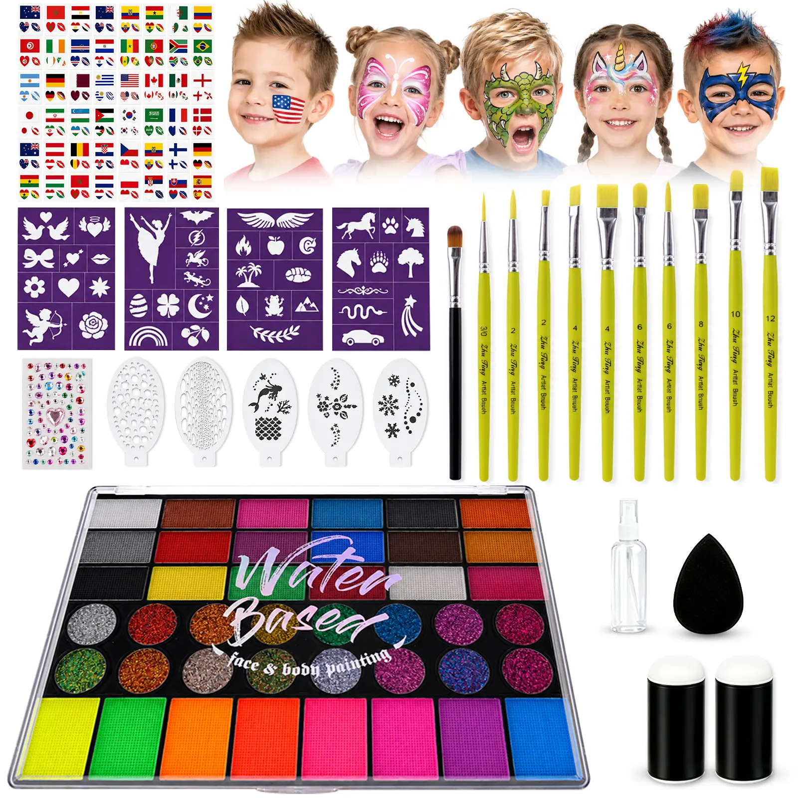 42 Colors Face Painting Kit for Kids , Non-Toxic Water Activated Face Paint Palette with Stencils Brush Sponges , for Halloween Carnival Party Costume Makeup
