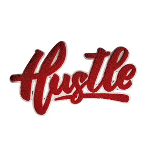 Patch Party Club, 1-pc, Red & White "Hustle" Chenille Patch, (SEW-ON or Glue On) Size 9"x6.5", Varsity Patch for Denim, Camos, Hoodies