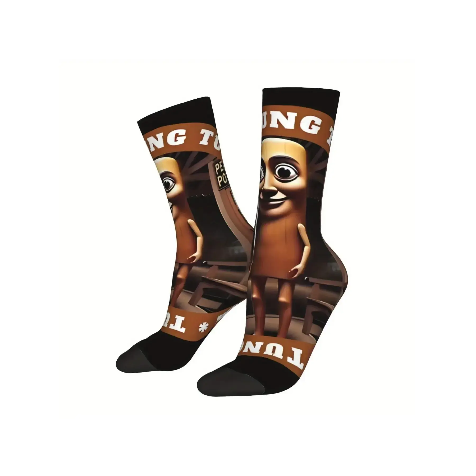 BIIHUDU Tung Tung Tung Sahur Meme Cartoon Character All-Over Print Crew Socks, Funny Novelty Socks, Wacky Socks, Quirky Humor Gift for Men, Casual Stylish Socks, Casual Daily Socks