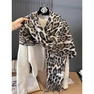 Women's Leopard Print Tassel Decor Scarf, Casual Soft Warm Shawl for Fall & Winter, Fashion Accessories for Daily Wear, Fringe Trim Shawl