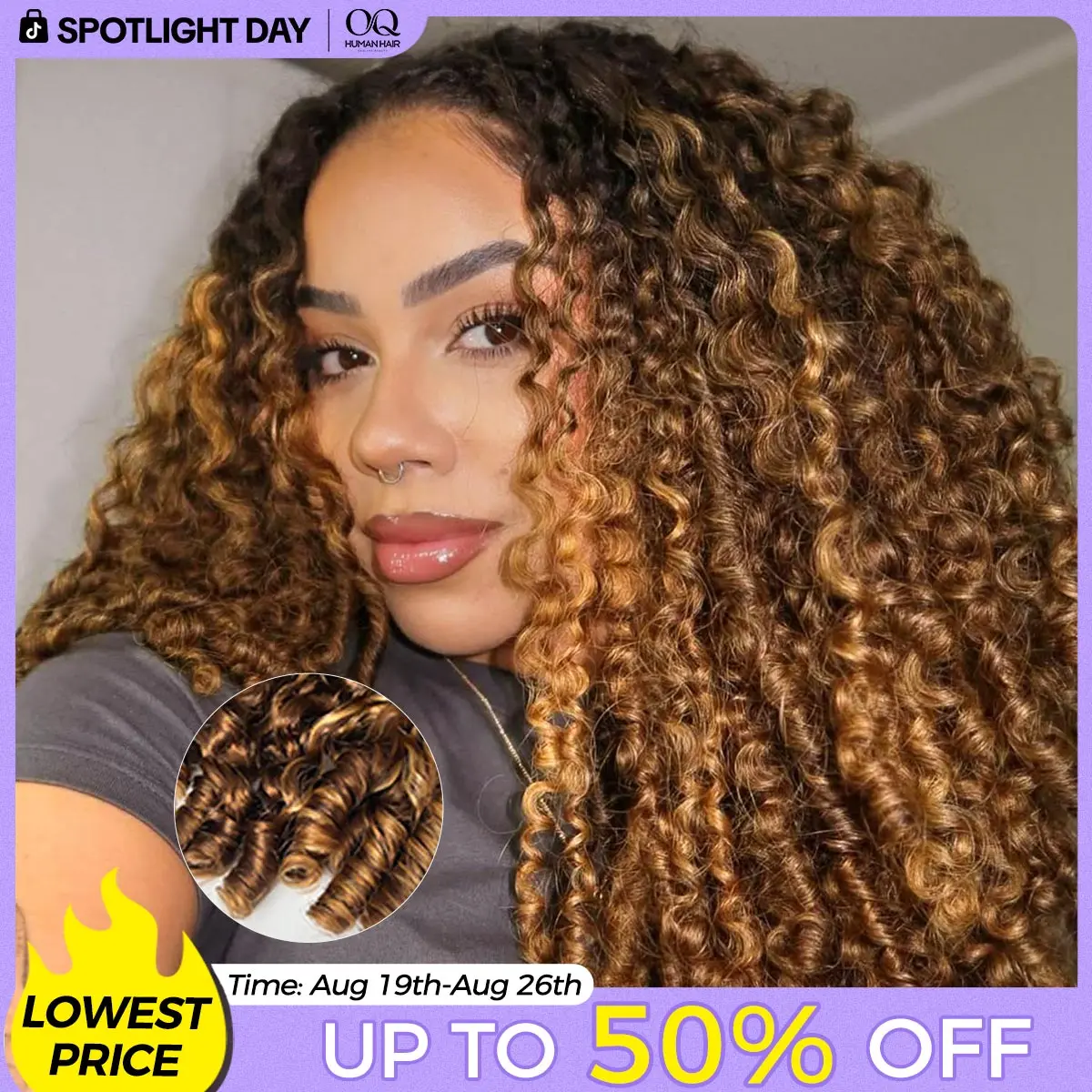 [3 In 1 Half Wig] Burmese Curly Highlight 4/27 Color Wear Go Half Wig With Elastic Drawstring 250% Density Flip Over Wig Human Hair #SohoChic #TikTokShopBackToSchool