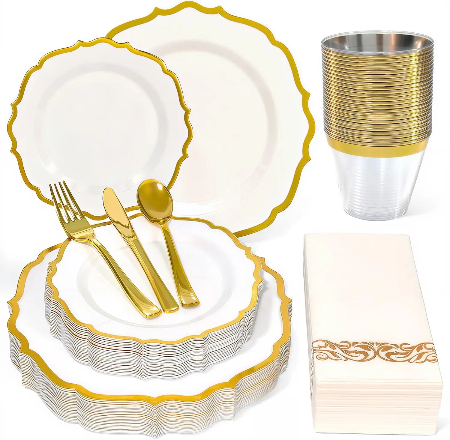 175 Piece Disposable Plastic Plates Dinnerware Set for 25 Guests | 50 Plastic Plates,25 Silverware Set,25 Cups and Napkins,Wedding Birthday,Family Party,Fancy Plastic Plates