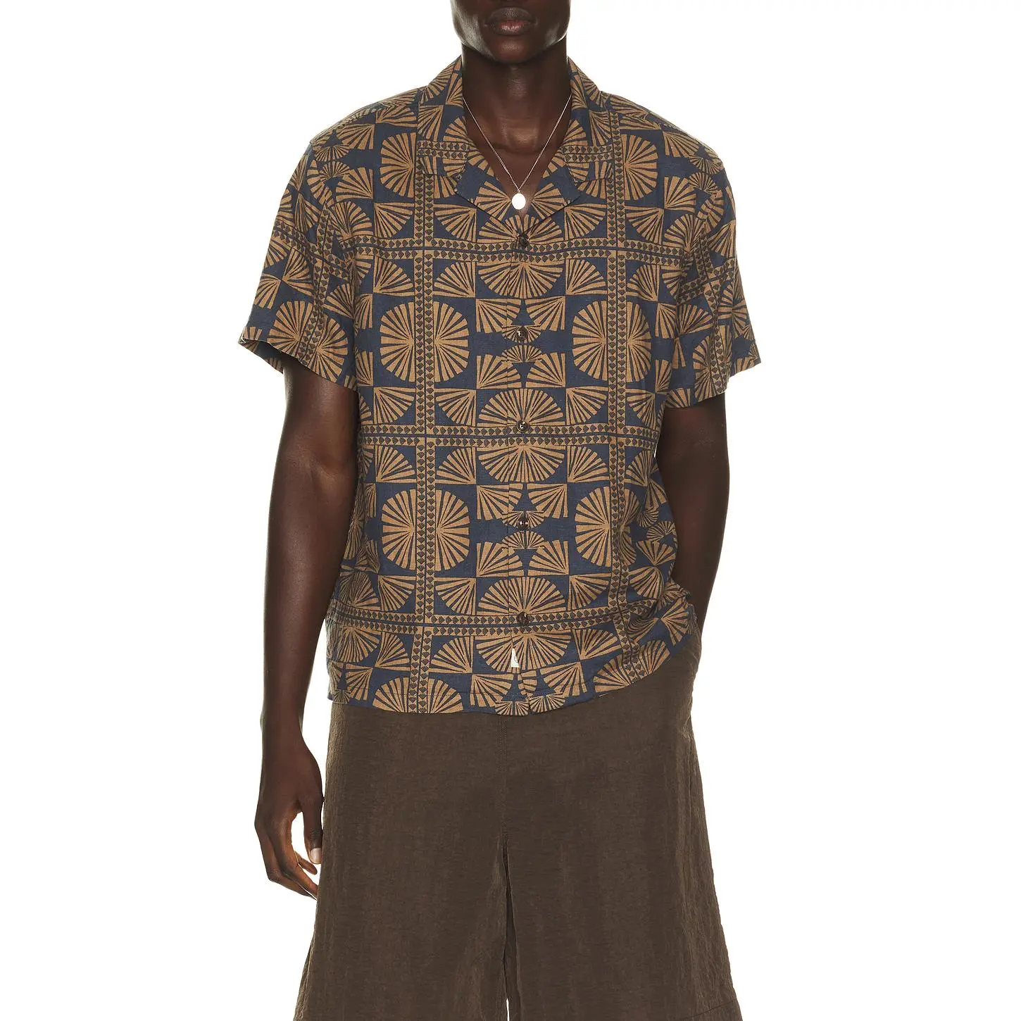 Marine Layer Pablo Tencel Linen Resort Shirt in Brown & Navy Geo Fan Print