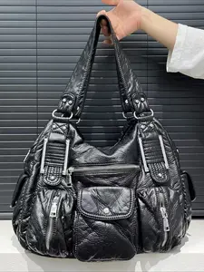 Ladies' fashionable tote bag, personalized Y2K hot girl motorcycle bag, washed vegan large capacity multi pocket single shoulder crossbody bag, Everyday crossbody bag, Casual shoulder bag