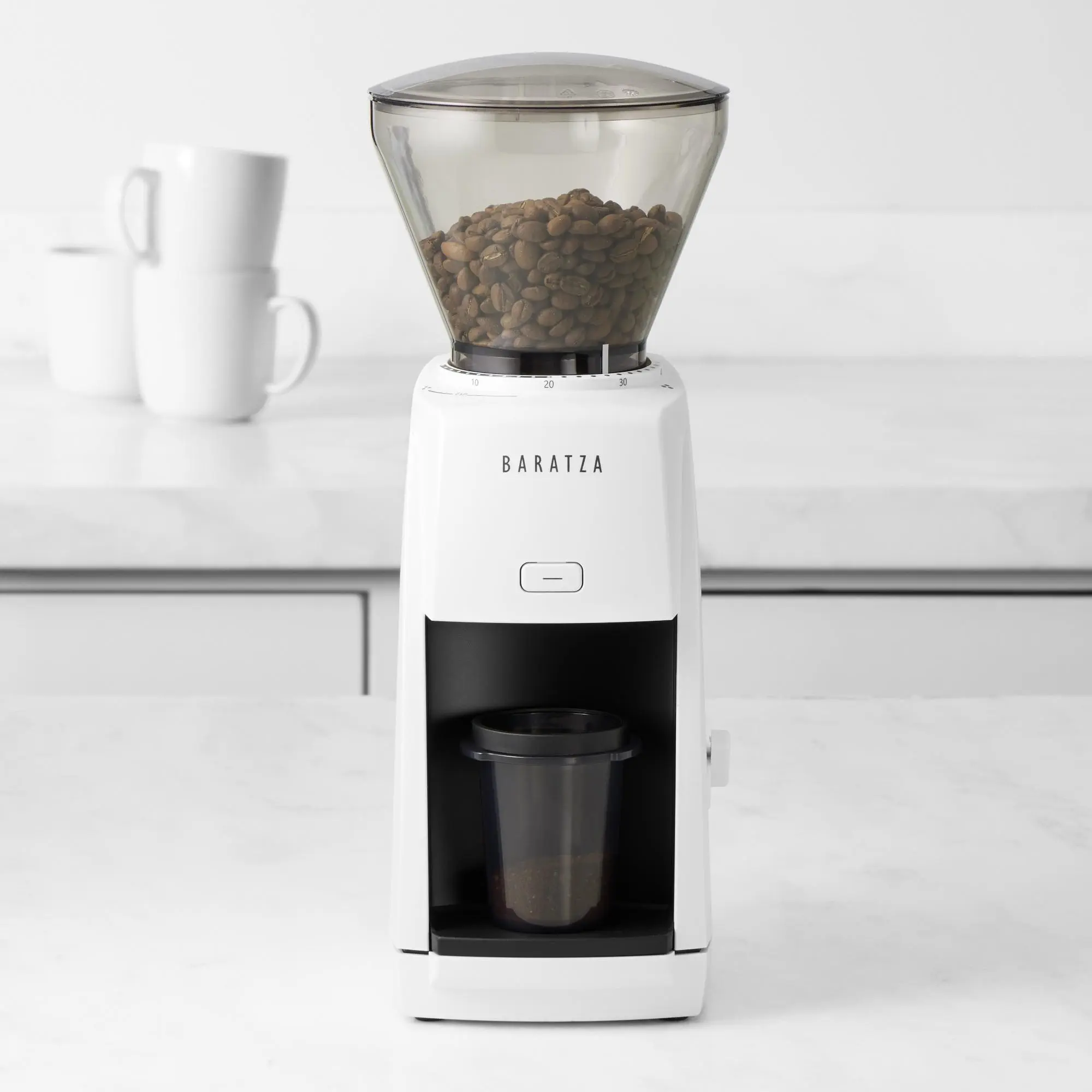 Baratza Coffee Grinder - White Model with Clear Lid and Durable Design for Home Use