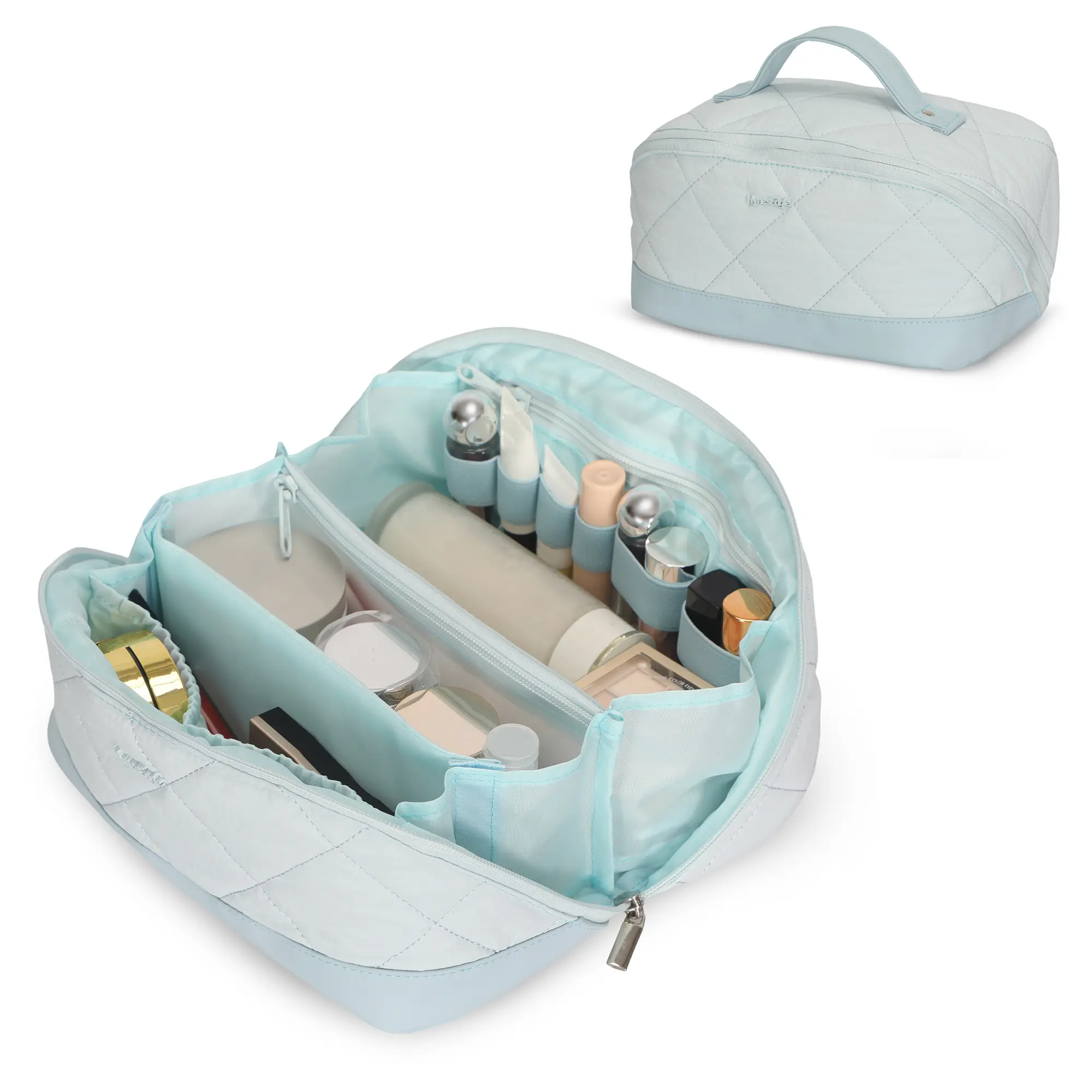 HYNES EAGLE Women's Aesthetic Puffy Makeup Bag - 180° Lay-Flat Wide-Open Cosmetic Organizer, PU Leather Bottom, Water-Repellent Travel Toiletry Bag with Removable Divider