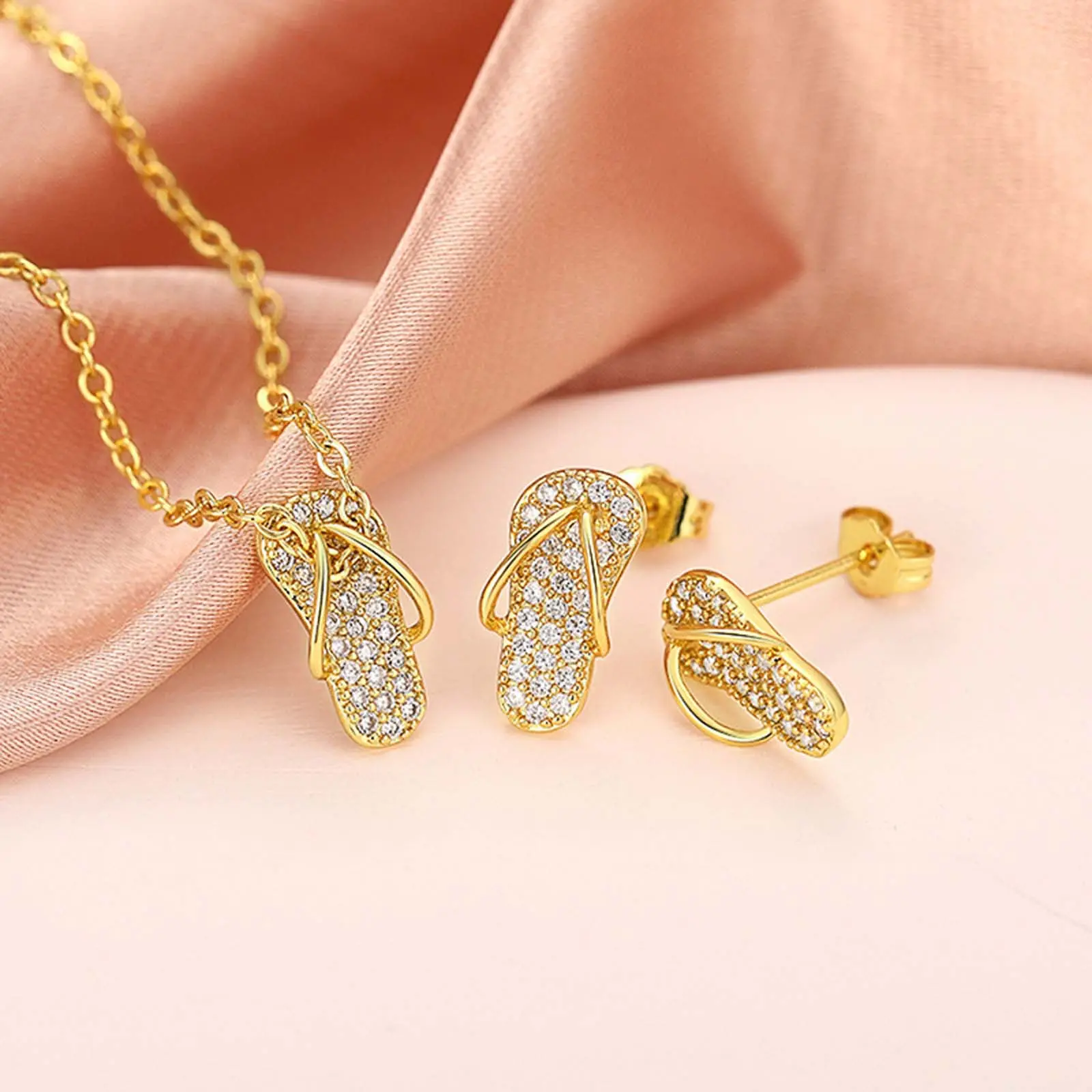 Zircon Mini Slipper Necklace & Earrings Set – Y2K Fun Jewelry Gift for Women