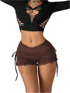 Women's Side Drawstring Adjustable Lace Ruffle Shorts, Y2K Ruched Low Rise Mini Stretchy Slim Fit, Micro Shorts for Casual Wear