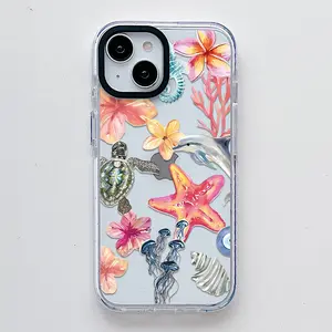 Marine Life Pattern, Scratch Resistant Shockproof Protective Cover TPU Clear Soft Phone Case for iPhone 16 15 14 13 12 11 Pro Max Plus Personality Y2k
