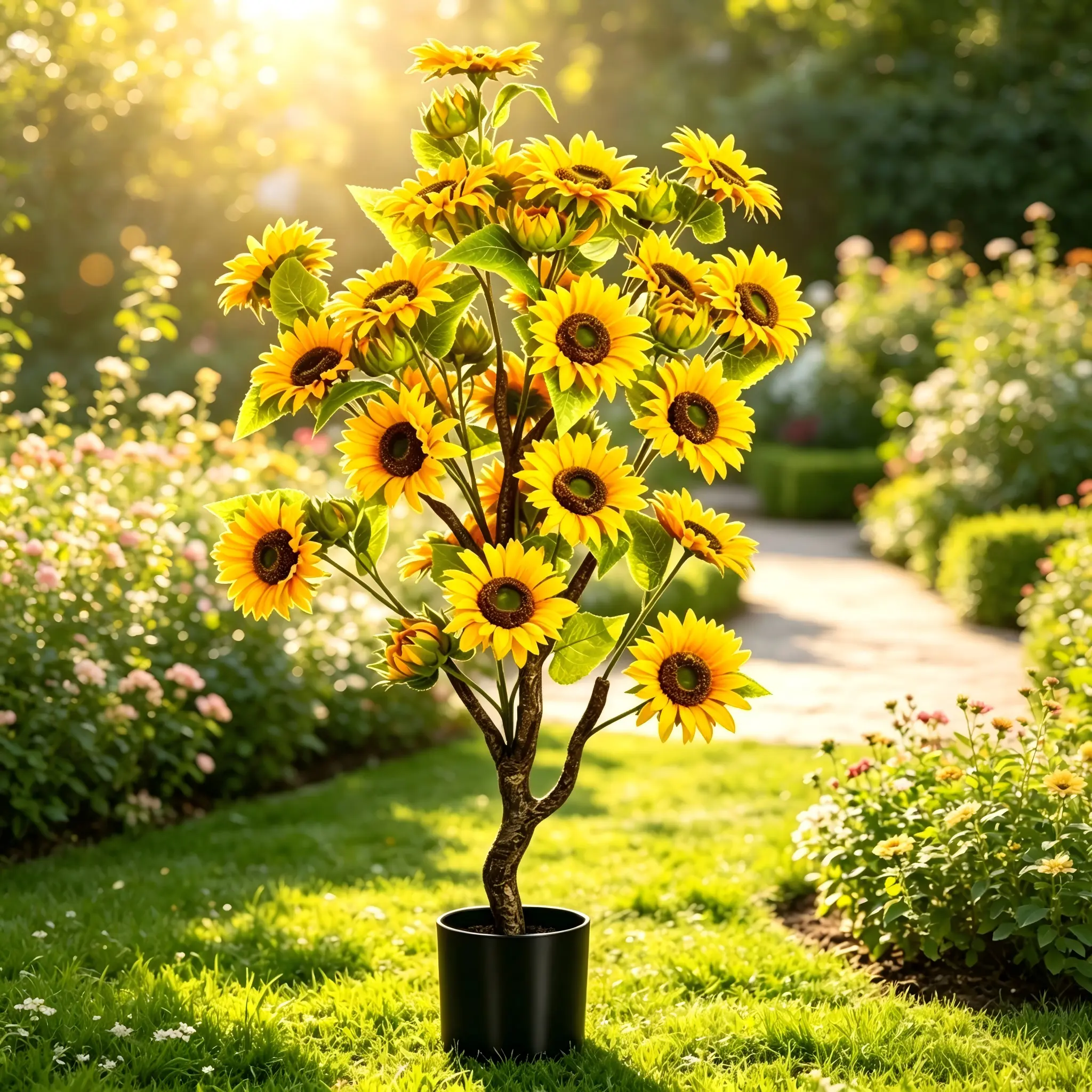 #SummerVibes Outdoor artificial sunflower-4FT/3FT fake sunflower flower tree, 38 large flowers, anti-ultraviolet silk flower, used for autumn decoration of family weddings, garden party center decorations