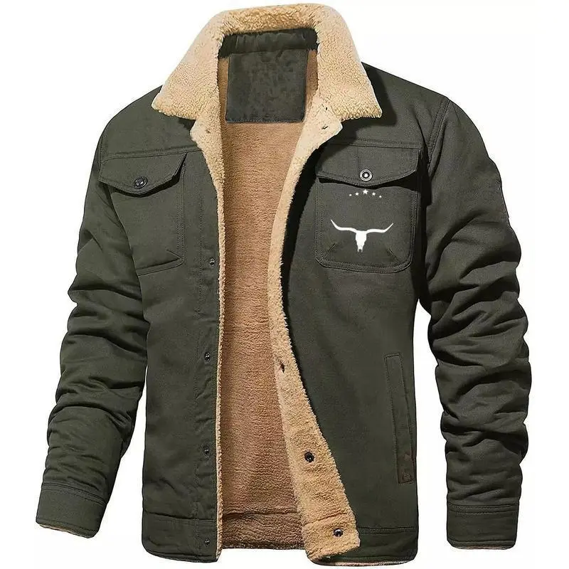 Men's Western Trucker Jacket, Vintage-Style Fleece-Lined Warm Longsleeve Casual Outerwear in Khaki, Longsleeves
