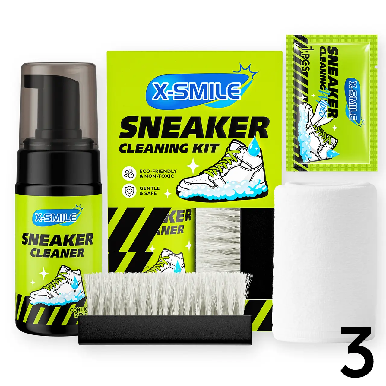 X-SMILE Sneaker Cleaning Kit (1 set) — Premium shoe care products including a dry cleaner, stain removal wipes, foam sneaker cleaner, plus dedicated cleaning brush and shoe cleaning tools